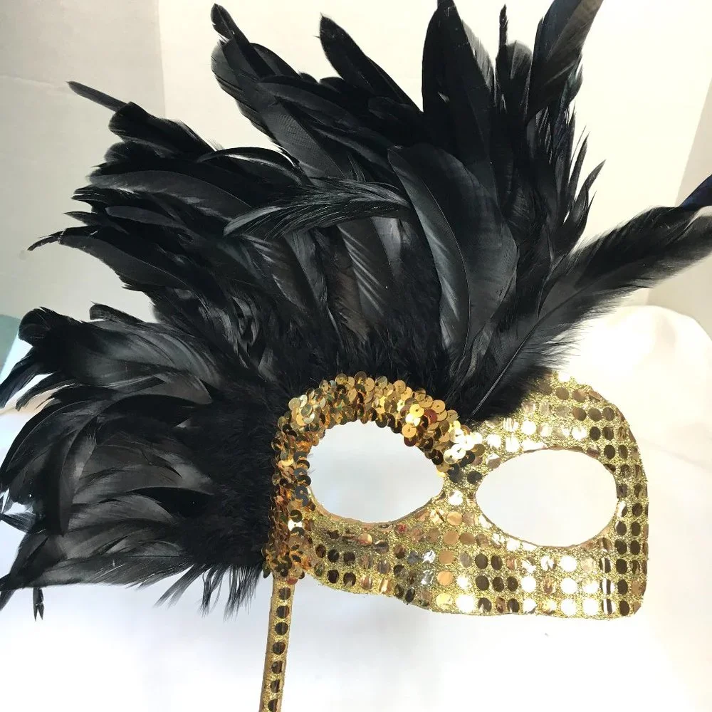 VENETIAN Harlequin Gold Sequin Mask w Blk Feathers w/ Handle NWOT NOS